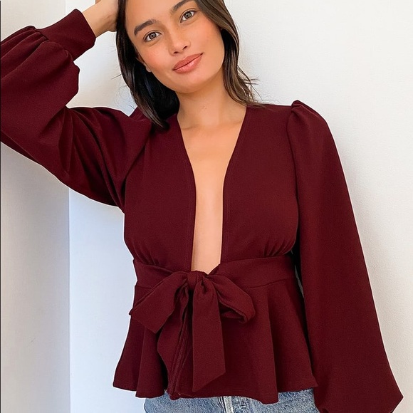 Lulus Tops - *NEW* Burgundy Tie-Front Long Sleeve Peplum Top